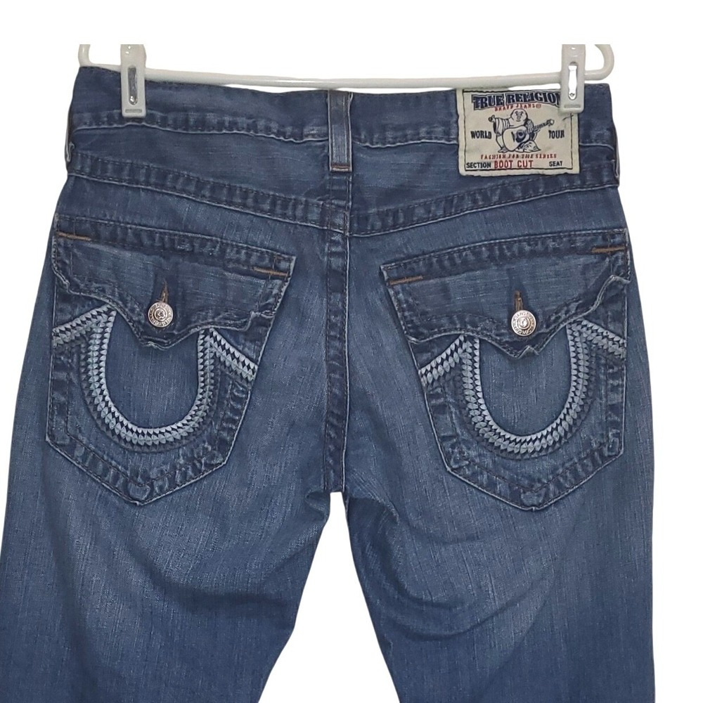 True Religion World Tour Boot Cut Jeans Blue Embroidered Flap Pocket Size 31